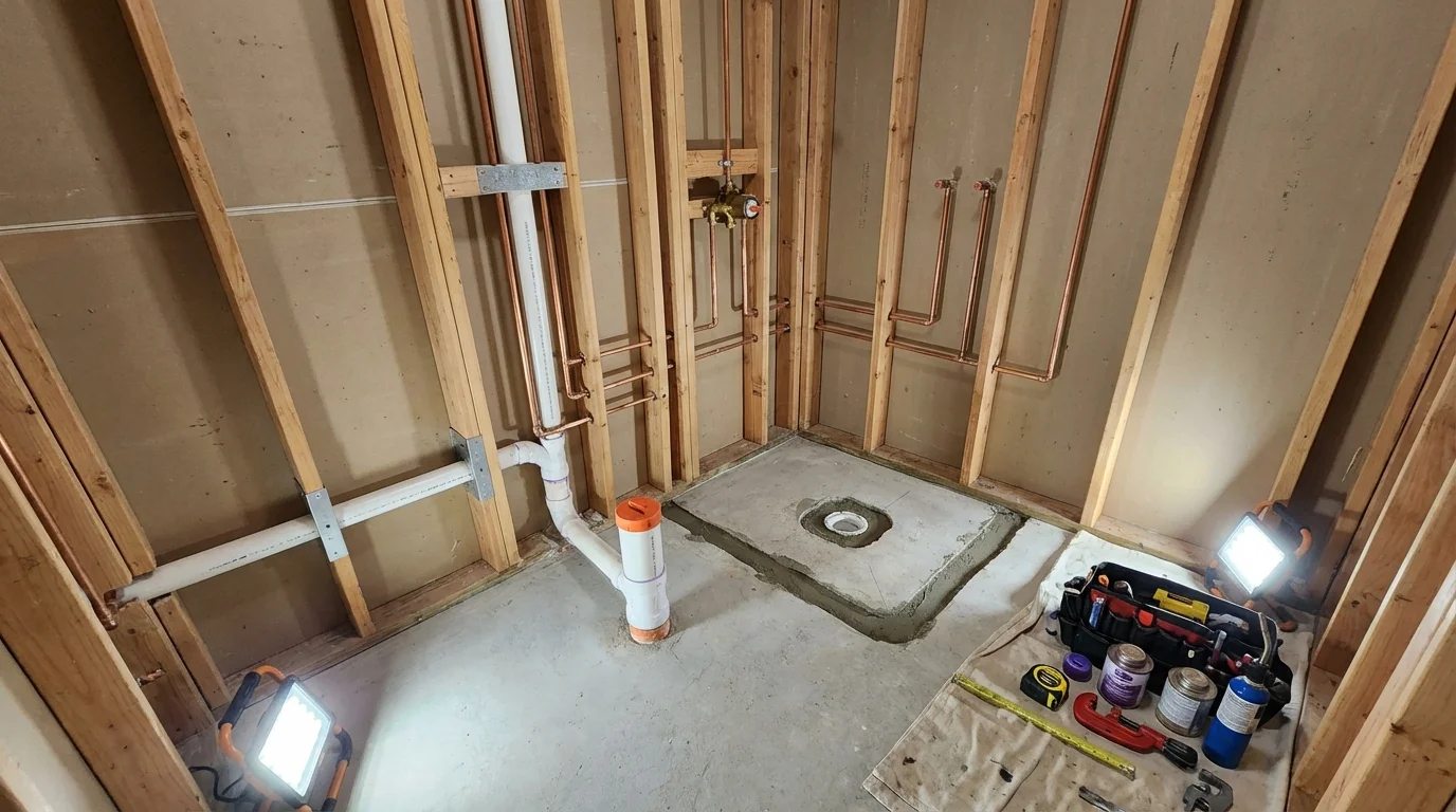 Bathroom rough-in plumbing during remodel by Johns Plumbing LLC in Hettinger