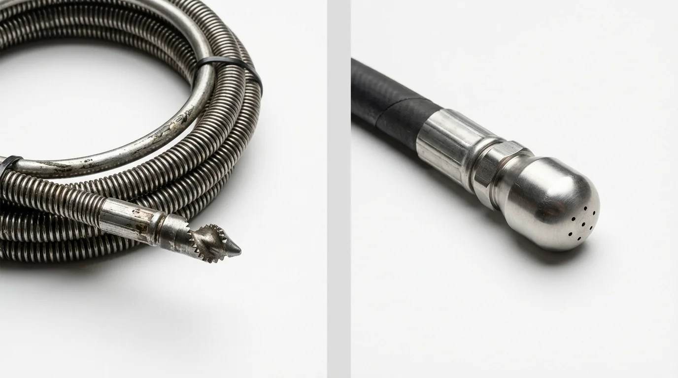Drain snake cable and hydro jetting nozzle used for drain cleaning in Hettinger, ND