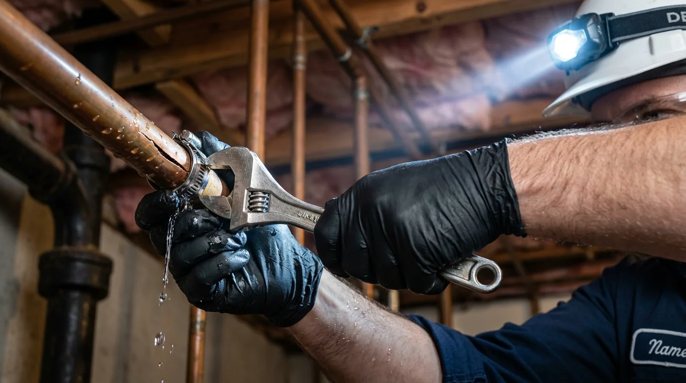Emergency pipe clamp repair being performed by a Johns Plumbing LLC plumber in Hettinger