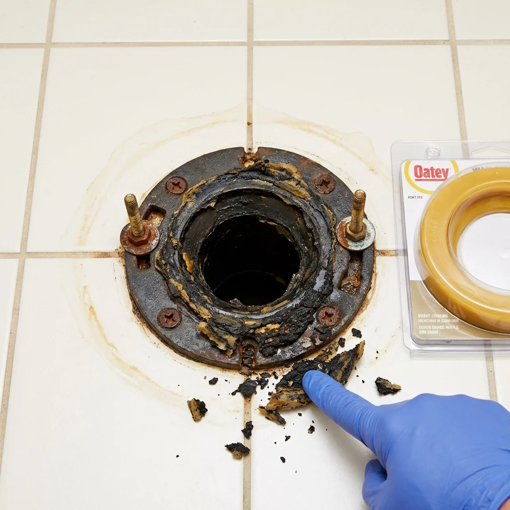 Failed wax ring showing water seepage at the base of a toilet in a Hettinger, ND home