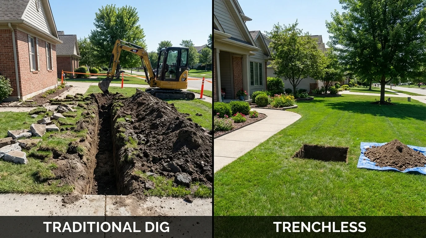 Trenchless sewer repair with minimal yard damage versus traditional excavation in Hettinger, ND