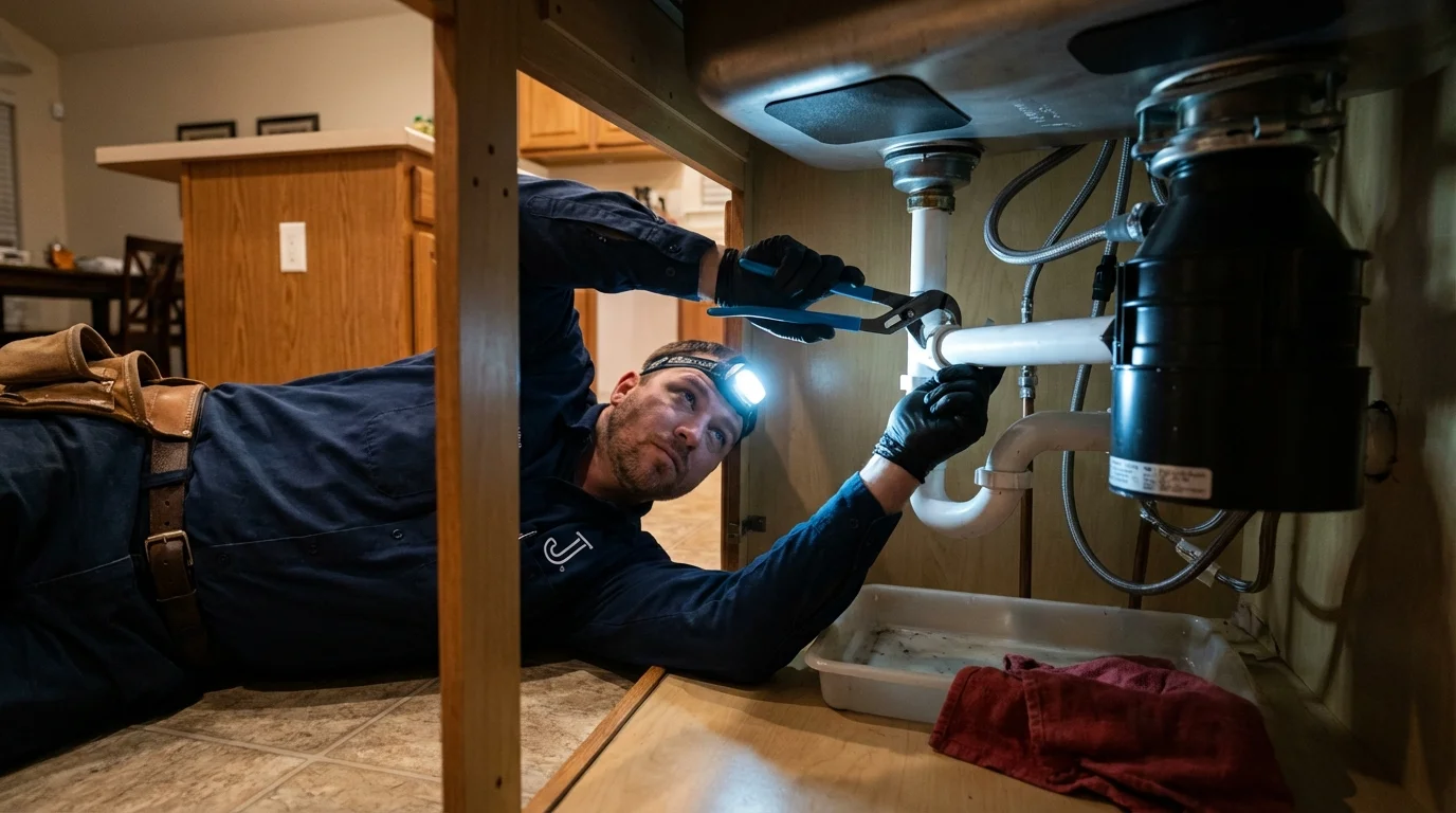 P-trap and supply line connections under a kitchen sink showing a common leak point in Hettinger, ND